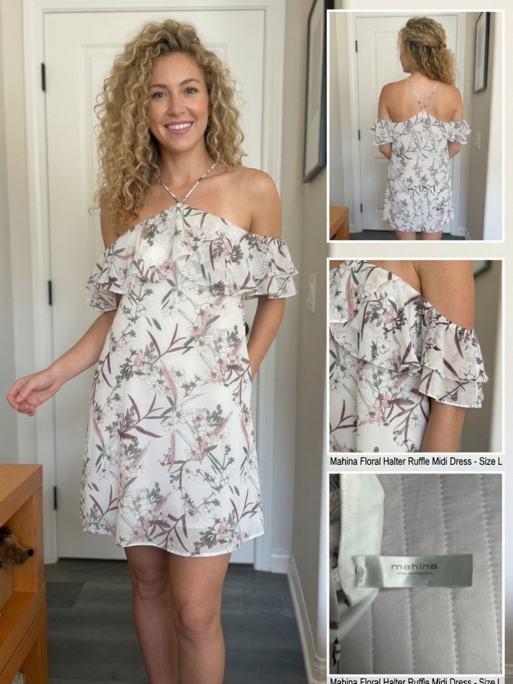 mahina White Floral Ruffle mini Dress with Blush and Green Print